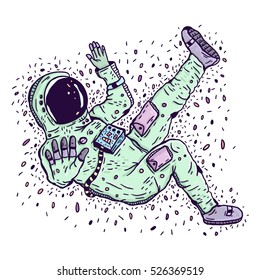 Astronaut in a spacesuit in gentle tones soars in drops. Cosmonaut falls in drops and a vacuum isolated over white. Hand drawn illustration.