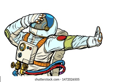 Astronaut in a spacesuit. Gesture of denial, shame, no. Pop art retro vector Illustrator vintage kitsch drawing