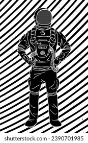 Astronaut in spacesuit. Graphic black white sci-fi poster with lines