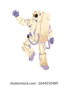 Astronaut in spacesuit is greeting back view. Cosmonaut is flying in outer space. Spaceman is waving hand, soaring in cosmos, spacewalks. Flat isolated vector illustration on white background