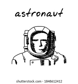 Astronaut in spacesuit hand-drawn illustration. Cartoon vector clip art of a portrait of a cosmonaut in a helmet, wearing a spacesuit. Black and white sketch of the space-traveling concept