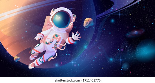 Astronaut in spacesuit with helmet discovering outerspace. Vector cartoon cosmonaut science in cosmos, planet and stars on background. Exploration of space, floating interstellar, cosmic adventures