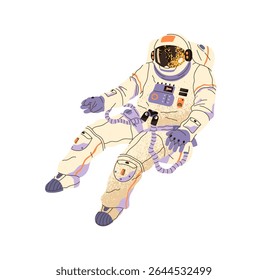Astronaut in spacesuit, helmet flies in outer space. Spaceman is flying in zero gravity. Cosmonaut is falling down in galaxy, weightlessness. Flat isolated vector illustration on white background