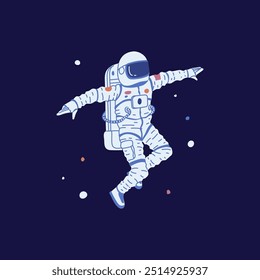 Astronaut in a spacesuit, helmet floating in space. Flight of an cosmonaut in outer space. Exploring the depths of the universe. Repairing a spaceship from the outside. Cartoon vector illustration.