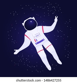 Astronaut in spacesuit and helmet soars in outer space and shows victory gesture. Stars with deep purple space background. Success achievement vector illustration.