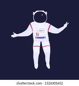 Astronaut in spacesuit and helmet soars in outer space and shows victory gesture. Deep purple space background. Success achievement vector illustration.