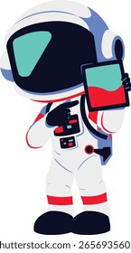 An astronaut in spacesuit holding a tablet device, standing confidently with technology gadget in outer space isolated on white background.