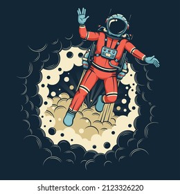 Astronaut in spacesuit with jetpack flies out of black hole - vector image. Astronaut in retro style with Vulcan salute.