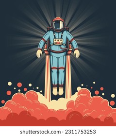 Astronaut in spacesuit with jetpack takes off amidst clouds of smoke. Vector retro illustration. Comics style.