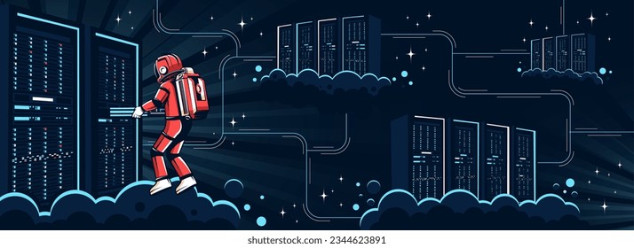 Astronaut in a spacesuit maintains large interconnected servers in space, a concept of space cloud service. Vector illustration in comic style.