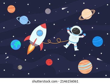 Astronaut in a spacesuit next to a rocket, against the background of the starry sky and the planets of the solar system.