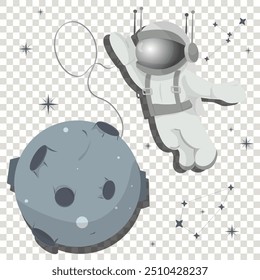 An astronaut in a spacesuit on the background of a planet with craters in space, flat childrens doodles on a transparent isolated background