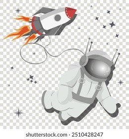 An astronaut in a spacesuit on the background of a rocket in space, flat childrens doodles on a transparent isolated background