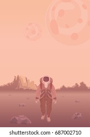 Astronaut in a spacesuit on Mars or another planet. Rocky desert alien landscape. Vector illustration.