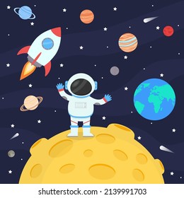 Astronaut in a spacesuit on the moon, next to a rocket, against the background of the starry sky and the planets of the solar system.