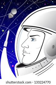 Astronaut in a spacesuit on the starry sky and the spacecraft.