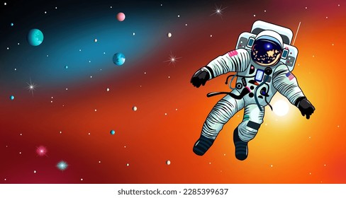 An astronaut in a spacesuit is in open space against the background of the sun and stars.