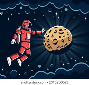 Astronaut in a spacesuit in open space near a rising moon. Floating cosmonaut in a red spacesuit. Planet with craters. Vector illustration in retro comic style.