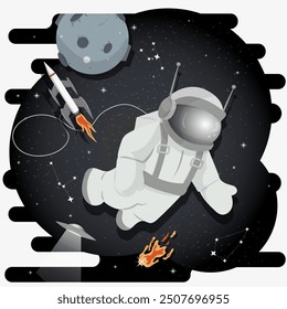 an astronaut in a spacesuit in outer space against the background of a planet with craters, flat childrens doodles