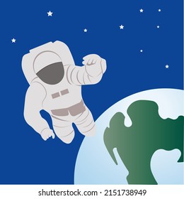 Ein Astronaut im Weltraum. Ein Mann am kosmischen Himmel neben dem Planeten Erde. Vektorgrafik.