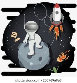 Un astronauta en un traje espacial en el espacio exterior se sienta en el planeta rojo con cráteres, garabatos de niños planos