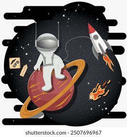 An astronaut in a spacesuit in outer space sits on the red planet with rings, flat childrens doodles