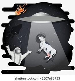 An astronaut in a spacesuit in outer space watches the abduction of a UFO cow, flat childrens doodles