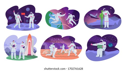 Astronaut in spacesuit, people cartoon characters exploring space, funny set vector illustration. Cosmonaut team colonizing and terraforming alien planets. Interstellar mission spaceship adventures