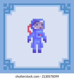 Astronauta en el espacio. Carácter de arte de píxeles. Ilustración vectorial en estilo de 8 bits