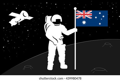 Astronaut in a spacesuit places a flag of their country on the planet's surface. A spaceship flying among the stars. Man in open space. Silhouette. Flag of Australia. Vector.