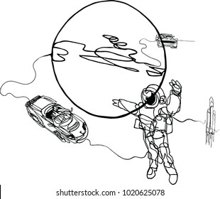 Astronaut in spacesuit, planet, spacecraft, car, cabriolet in space. Illustration inspire by recent space odyssey. Continuous line minimalist drawing