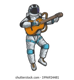 Astronaut in spacesuit play guitar color line art sketch engraving vector illustration. T-shirt apparel print design. Scratch board style imitation. Black and white hand drawn image.