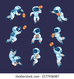 Astronaut in spacesuit playing rugby cartoon illustration set. Spaceman playing American football, doing sport or physical activity, training. Astronomy, gravity, fitness concept