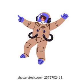 Astronaut in spacesuit pointing with finger, shows. Spaceman in costume, helmet flies outer space. Cosmonaut flying in cosmos, spacewalks. Flat isolated vector illustration on white background