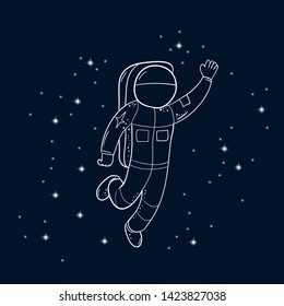 Astronaut in spacesuit with raised hand in salute. Cartoon hand drawn cosmonaut illustration. 

