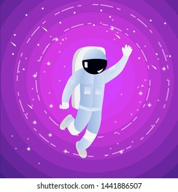 Astronaut in spacesuit with raised hand in salute. Cartoon hand drawn cosmonaut illustration. 

