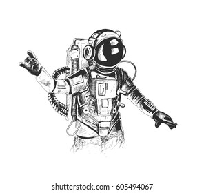 Astronauta en el espacio levanta la mano, ilustración del vector de esbozo dibujado a mano.