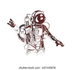 Astronaut in spacesuit raises hand, Hand Drawn Sketch Vector illustration.