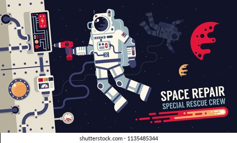 Astronaut in  spacesuit repair a spaceship in outer space - Illustration of flat design.