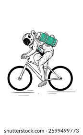 astronaut in a spacesuit rides a bicycle with an oxygen tank attached on their back hand drawn illustration vector