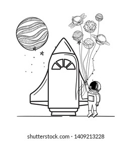 astronaut with spacesuit and rocket in white background