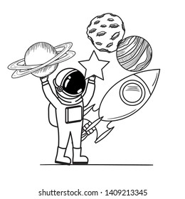 Astronaut mit Raumanzug und Rakete auf weißem Hintergrund