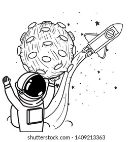 astronaut with spacesuit and rocket in white background