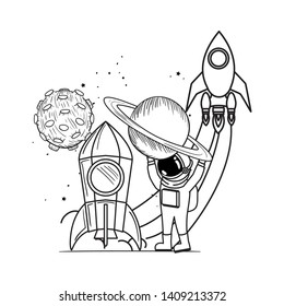 astronaut with spacesuit and rocket in white background