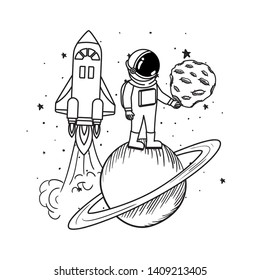 astronaut with spacesuit and rocket in white background