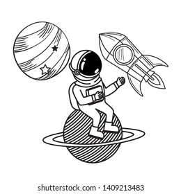 astronaut with spacesuit and rocket in white background