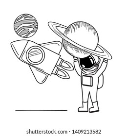 astronaut with spacesuit and rocket in white background
