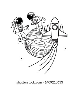astronaut with spacesuit and rocket in white background
