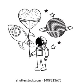 astronaut with spacesuit and rocket in white background