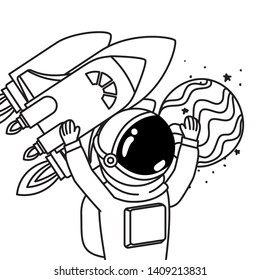 astronaut with spacesuit and rocket in white background